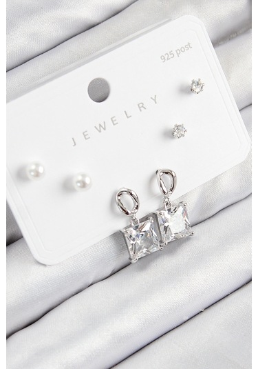 Pirinç Zirkon Taşlı Sallantılı Kare Model Gümüş Renk 925 Ayar Gümüş Çivi Kadın Küpe Set - Tj-bkp1116 çok renkli