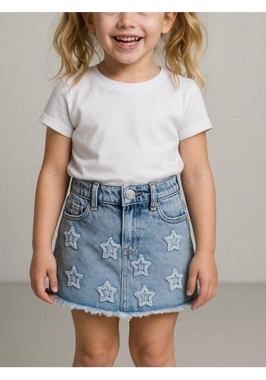 Kız Çocuk Yıldız İşlemeli Kot Etek-15823 Mavi
