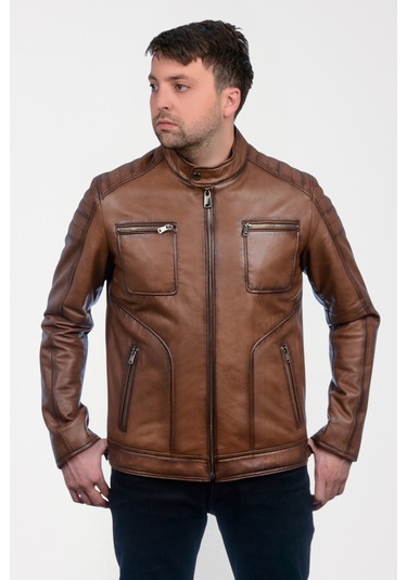 Derije Albert Hakiki Deri Erkek Taba Ceket-mont Taba