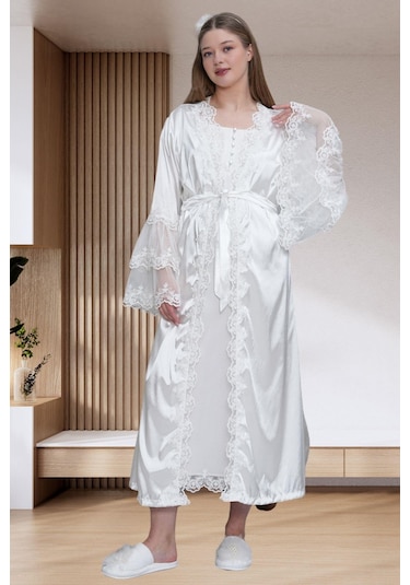 Mecit 6301 Ekru Hamile Lohusa Dantelli Sabahlık Gecelik Takım