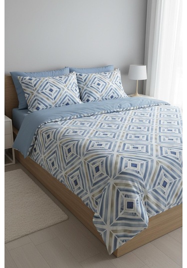 Mavi Geometrik Çizgi Çift Kişilik %100 Pamuk Nevresim Takımı MAVI