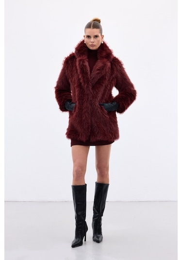 Sateen Çıt Çıt Detaylı Kürk - Bordo-136677 Bordo