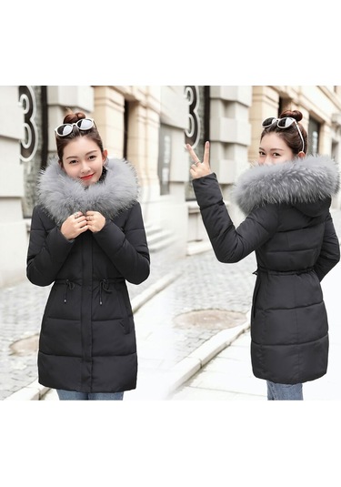 Kışlık Yaka Kürklü Orta Boy Kadın Şişme Mont Siyah