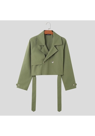 Incerun Erkek Düz Renk Kırpılmış Rahat Yaka Rüzgarlık Mont Ceketler Yeşil