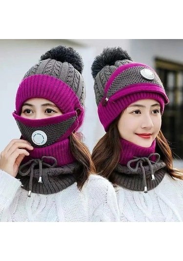 Novahub Üçü Bir Arada Kış Kadın Tek Parça Şapka Artı Kadife Sıcak Pamuk Maske Şapka Yün Kap Baotou Önlük Gül Kırmızısı Fuşya Fuşya