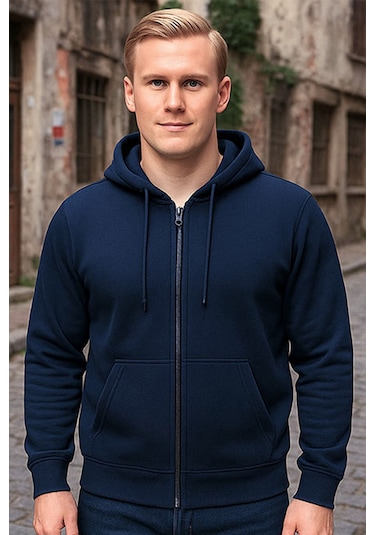 Lacivert Kapşonlu Fermuarlı Sweatshirt Lacivert