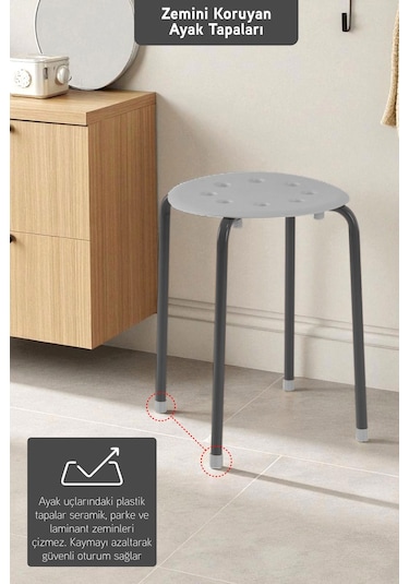 İronika Otto Metal Gövdeli Modern Tabure Mutfak Bahçe Taburesi - 4 Adet Gri Gri