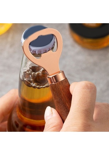 Moly Ahşap Saplı Gümüş Paslanmaz Çelik Bira Şişe Açacağı, Özel Logo, 10x3,5 Cm Gümüş