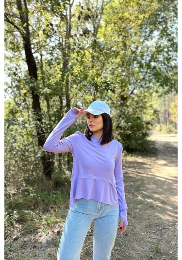 Kadın Lila Elleri Eldiven Detaylı, Asimetrik Kesim, Bisiklet Yaka, Eteği Pliseli, Salaş Spor Bluz LILA