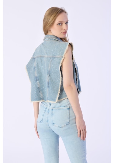Taşlı Sıfır Kol Püsküllü Denim Ceket-a.mavi Açık Mavi
