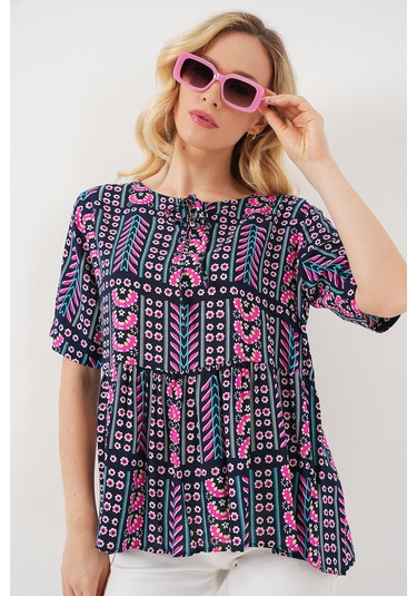 Kadın Desenli Kısa Kol Bluz 969 - Lacivert Lacivert