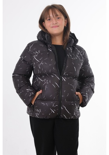 Kız Çocuk Siyah Çıkabilir Kapüşonlu Su Ve Rüzgar Geçirmez Cepli Kışlık Şişme Mont & Kaban & Parka Siyah