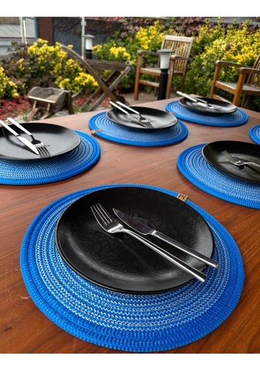 6 Lı Yuvarlak Supla Takımı Kolay Temizlenebilir, Modern Sofralar İçin Lacivert - Beyaz