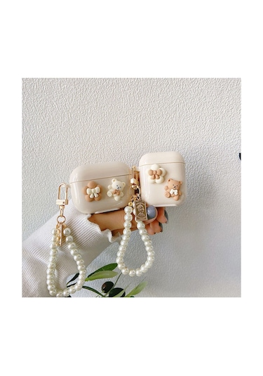 Apple Airpods Pro 2. Nesil Sevimli Karışık Figürlü Silikon Kılıf Bej Açık