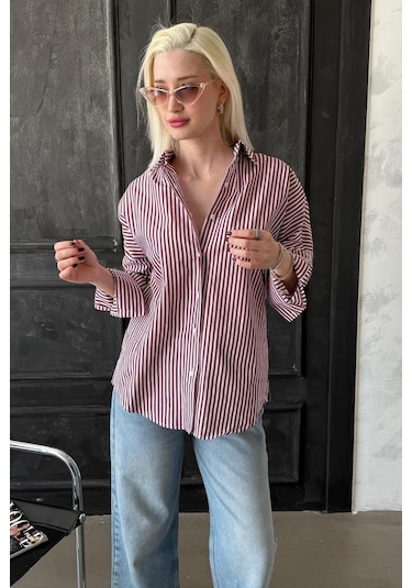 Madmext Bordo Çizgili Over Fit Gömlek Mg1525 Bordo