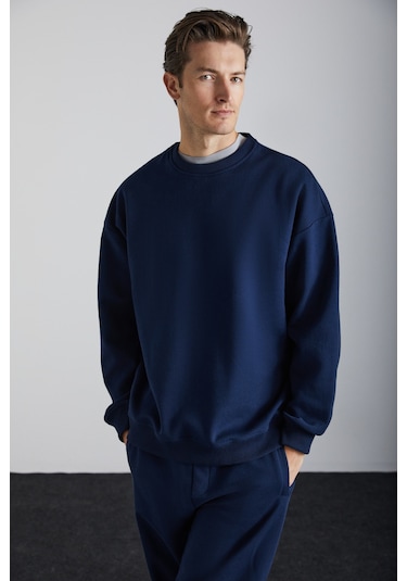 Grımelange Travıs Erkek Organik Kumaşlı Yumuşacık Regular Fit Yuvarlak Yakalı Koyu Lacivert Sweatshi Koyu Lacivert