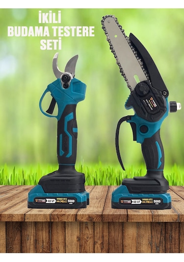 Germany Style GRM-99880 Çift Akülü Şarjlı Ağaç Dal Kesme + Budama Makası Testere 2'li Set