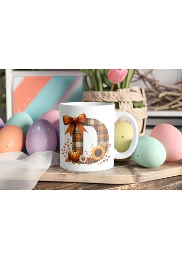 D Harfi Ekose Ve Sonbahar Temalı Kupa Bardak - Kişiye Özel Sıcak Tonlar Alfabe Kupa - Hediye Beyaz