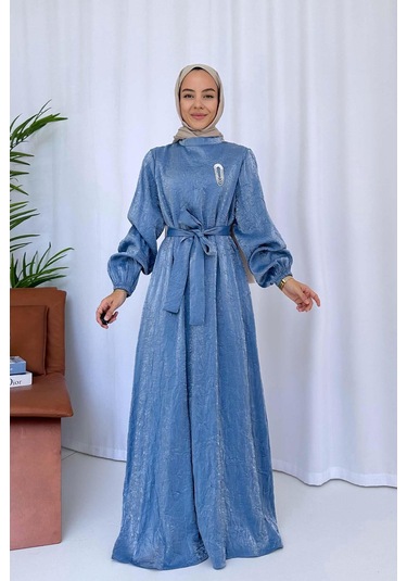 Broş Detay Elbise - Mavi