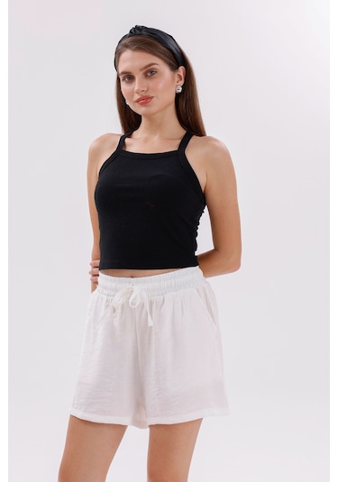 Genius Store Genıus Store Kadın Şort Aerobin Pamuklu Cepli Çekmez Kumaş Beli Lastikli Şort Beyaz