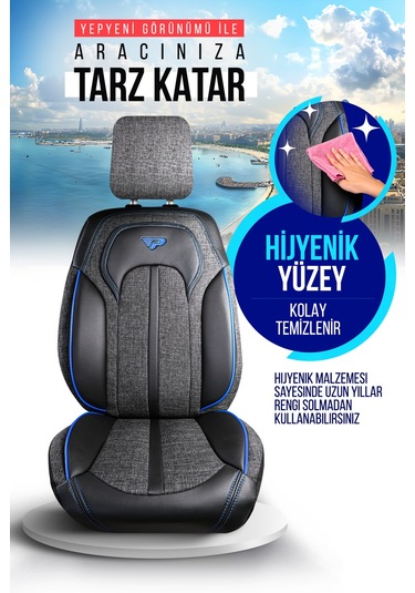 Füme - Mavi Panda Sevılla Serısı Keten Kumaş Oto Koltuk Kılıfı - Tam Set