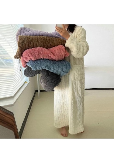 Sonbahar Kış Gecelik Kalın Mercan Polar Gevşek Cepler Sıcak Düz Renk Yuvarlak Boyun Bükülmüş Doku Uzun Kollu Tam Boy Termal Ev Tekstili Beyaz
