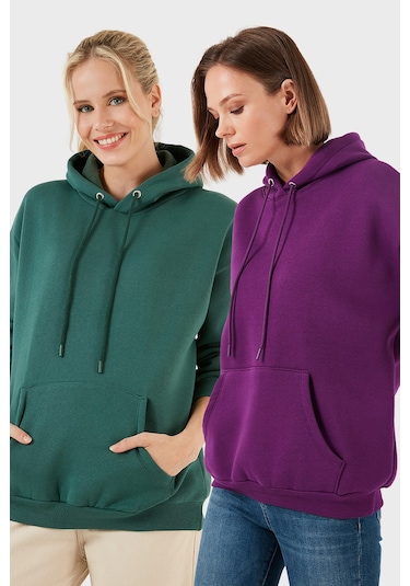 Lela Regular Fit Pamuklu Kapüşonlu Yaka Şardonlu Kışlık 2'Li Paket Bayan Sweat 5863854S2 Nefti-Mor