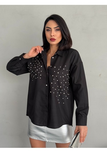 Kadın Taşlı Premium Kalite Uzun Kollu Oversize Gömlek Siyah