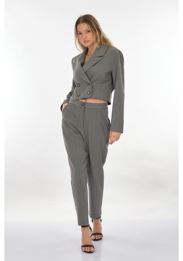 Perspective Kruvaze Yaka Çizgili Gri-turuncu Kadın Ceket 24061168 001