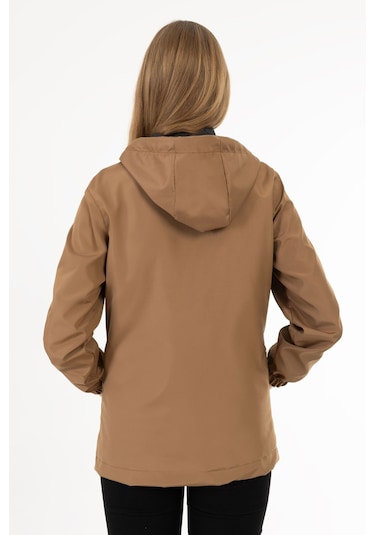Kadın Taba Içi Astarlı Su Geçirmez Ve Rüzgara Dayanıklı Kapüşonlu Cepli Yağmurluk - Rüzgarlık Taba