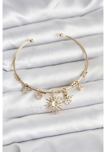 Güneş Charmlı Gold Renk Pirinç Kadın Bileklik Çok Renkli