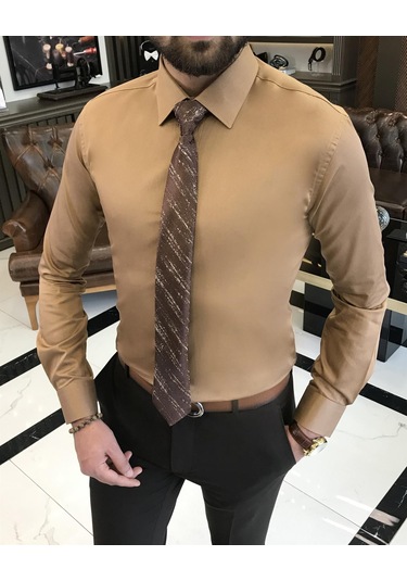 İtalyan Stil Slim Fit Saten Pamuk Erkek Kravat Yaka Gömlek Hardal T9429-hardal Hardal