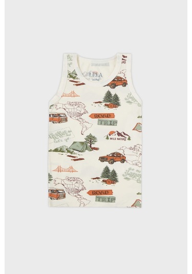 Lela Desenli Streç Pamuklu Bisiklet Yaka Atlet Boxer 2'Li Iç Giyim Erkek Çocuk Takım 6651010 Ekru-Yeşil