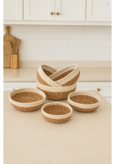 6' Lı Hasır Çerezlik & Kase Seti El Yapımı 6 Adet Kase Ekmek Sepeti 13052 Naturel