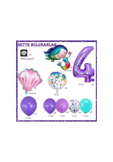 4 Yaş Deniz Kızı Temalı Doğum Günü Parti Kutlama Seti Konsept 2