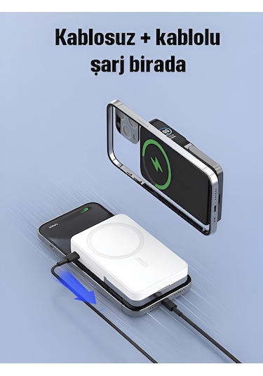 10000mah 30w Hızlı Şarjlı Dijital Göstergeli Taşınabilir Kablosuz Magsafe Powerbank Beyaz Beyaz