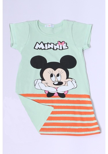 Kız Çocuk Elbise Karakter Baskılı Çizgili A25 Yeşil