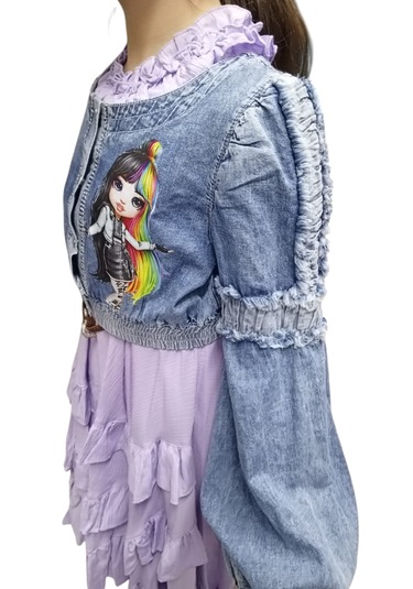 Kız Çocuk Yakası Fırfırlı Kot Ceket Lila Renk İkili Takım Elbise Lila