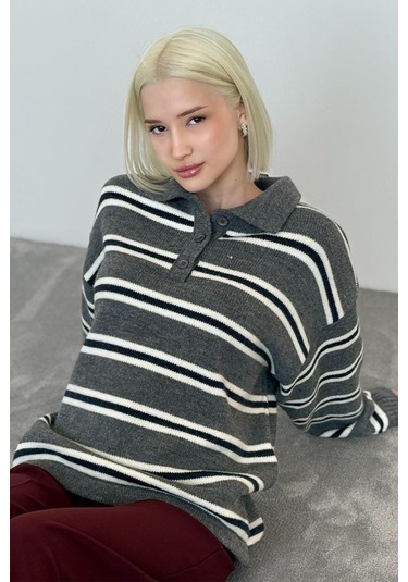 Antrasit Polo Yaka Çizgili Kadın Triko Kazak Mg2469 Antrasit