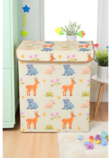 İronika Animals Büyük Kapaklı Kutu Dolap İçi Organizer Oyuncak Eşya Çamaşır Saklama Kutusu Düzenleyici Açık Sarı