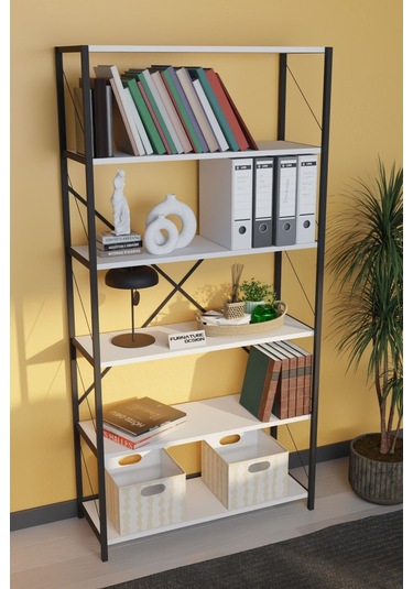 Dekoratif Metal Kitaplık 6 Raflı Kitaplık Dosya Rafı 180 Cm Beyaz