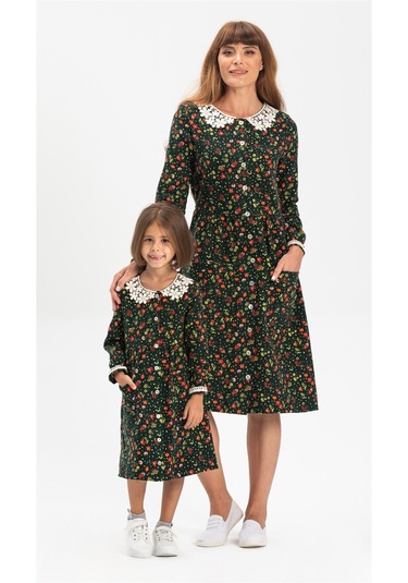 Uzun Kol Asya Yakalı Çocuk Pazen Elbise Çiçek Desen Yeşil