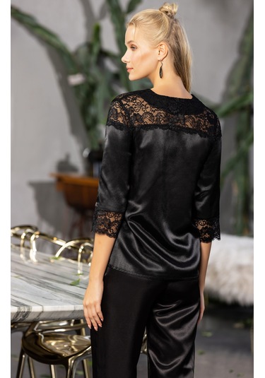 Laperissa Kadın Siyah Saten Düğmeli Pijama Takımı Dantel Detaylı, Şık Ve Rahat 2 Li Set Siyah