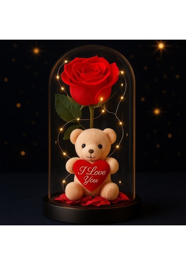 Led Işıklı Mika Fanus İçinde Gül Ve Lüx Peluş Ayıcık 20 Cm Sevgiliye Hediye Kırmızı