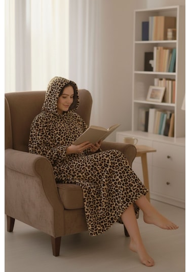 Serona Wellsoft Peluş Kapüşonlu Uzun Panço Yumuşak Dokulu Giyilebilir Tv Battaniyesi Leopar S/m Leopar