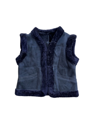 Patchwork İçi Kürk-dışı Süet Gerçek Deri Çocuk Yelek Lacivert