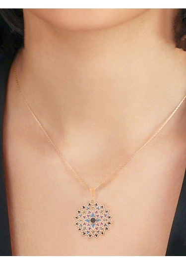 Brezza Lusso Jewelry Renkli Taşlı 925 Ayar Gümüş Yaşam Çiçeği Kadın Kolye (315699788) 45 CM