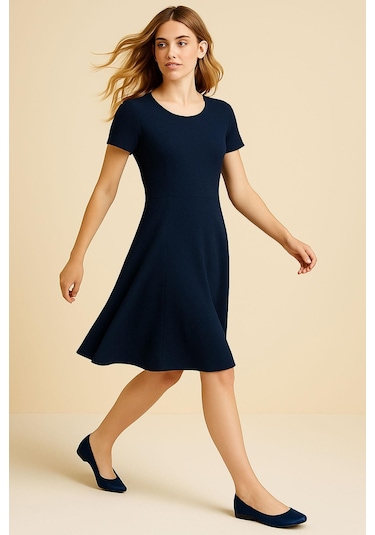 Dökümlü Rahat Kalıp Günlük Penye Kumaş Elbise Lacivert