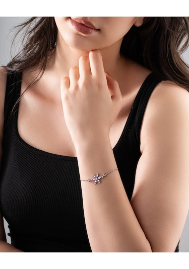 925 Ayar Pembe Taşlı Rodyum Lotus Çiçeği Gümüş Bileklik Rb10061 Gümüş