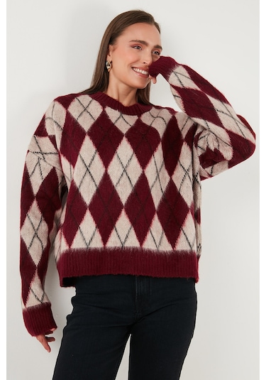 Lela Oversize Fit Bisiklet Yaka Baklava Desenli Yumuşak Dokulu Bayan Kazak 4616223 Bordo